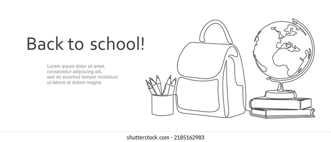 Back to school. Continuous one line drawing of earth globe, books stack, pencils and backpack. vector design on white background. Hand drawn graphic concept for education.