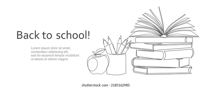 De vuelta a la escuela. Dibujo continuo de una línea de la pila de libros, lápices y diseño vectorial minimalista de manzanas sobre fondo blanco. Concepto gráfico dibujado a mano para la educación.