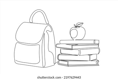 Back to school. Continuous one line drawing of  books stack, apple and backpack. vector design on white background. Hand drawn graphic concept for education.