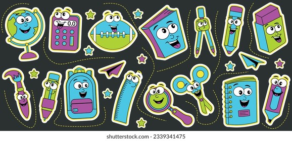 Back to school cool modern stickers in retro 80s, 90s style. Psychedelic design elements for school subjects. Vector illustration.