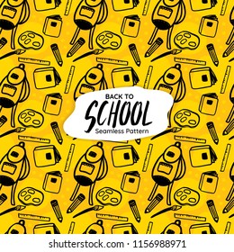 back to school copcept Seamless pattern including student's stationery doodle such as bag, bagpack, pen , bruch, color and book on bright yellow background