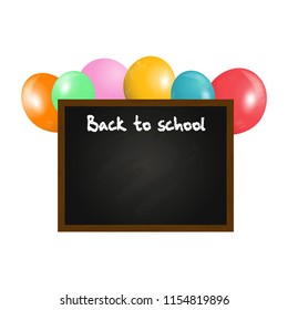 Back To School Copy Space Black Board with Wooden Frame and Colored Balloons on White Background