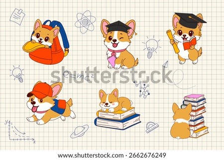 Back to School Corgi Dogs with Graduation and Study Themes