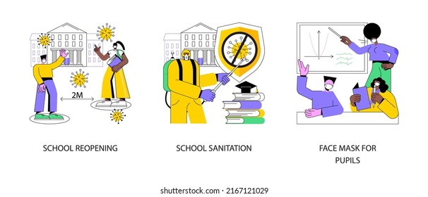 Back to school coronavirus guidelines abstract concept vector illustration set. School reopening and sanitation, face mask for pupils, disinfection, safe classroom environment abstract metaphor.