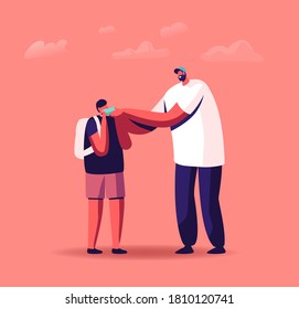 Back to School at Coronavirus Pandemic Concept. Father Character Help to Dress on Medical Mask to Son Pupil before Walking to Study. Quarantine Rules for Students. Cartoon People Vector Illustration