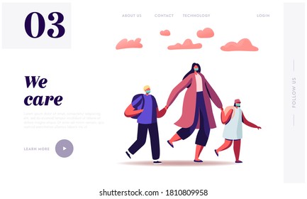 Back to School at Coronavirus Pandemic Landing Page Template. Mother Character Bringing Pupils Wearing Medical Mask to Study in First Class, Knowledge Day Concept. Cartoon People Vector Illustration