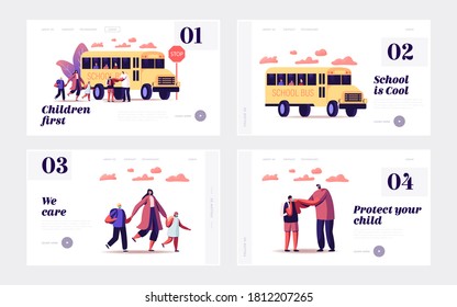 Back To School At Coronavirus Pandemic Landing Page Template Set. Parents Characters See Off Children To Schoolbus, Pupils Wearing Masks Boarding Into Transport. Cartoon People Vector Illustration