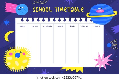 Back to school cosmic theme timetable. Cute hand drawn doodle schedule template for students, pupils, kids with funny moody characters, sun, jupiter, comet, planets, stars, moon. Weekly planner design