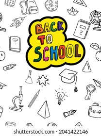 Back to school cover background, hand draw doodle icons supples, equipment, elements seamless pattern. Cover notebook, broshure, poster, flyer, book template vector illustration