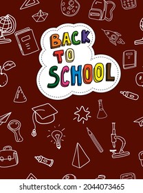 Back to school cover background, hand draw doodle icons supples, equipment, elements seamless pattern. Cover notebook, broshure, poster, flyer, book template vector illustration