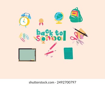 Back to school cover background vector. Cute illustration with school bag, ruler, pan, stars color plate.