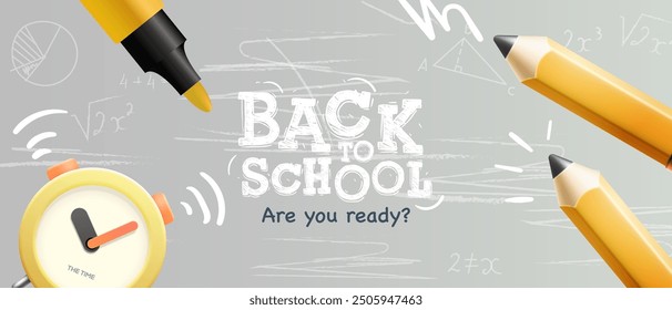 Anuncio de tapa de regreso a la escuela. Texto de regreso a la escuela con lápices y despertador en la pizarra. Ilustración vectorial. Ilustración vectorial