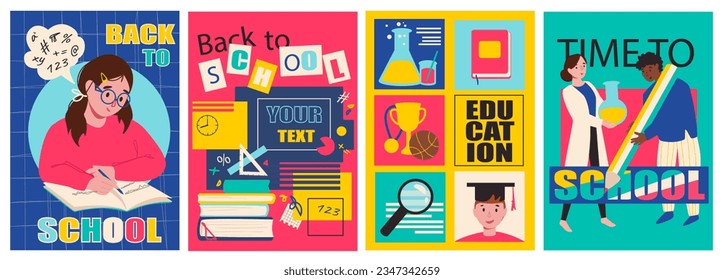 Back to school cover brochure set in trendy flat design. Poster templates with schoolgirl doing homework, books and stationery, different lessons and science, teacher and pupil. Vector illustration.