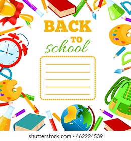 Back To School cover for children teenagers exercise book. Vector set Illustration. Composition with colorful school items and supplies around it. Education and web design concept.