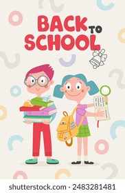 Back to School Cover Poster. Cute childrens illustration with schoolbooks, notebook, backpack. Text, inscription. Vector cartoon illustration