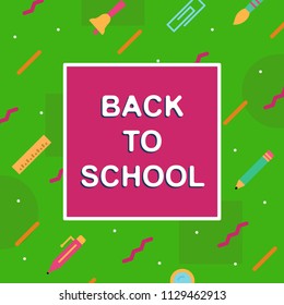 back to school cover square shape memphis colorful style with education supplies such us pen, book, phone, glass, ruler, pencil, brush, eraserfor poster, party, super sale offer. vector 10 eps