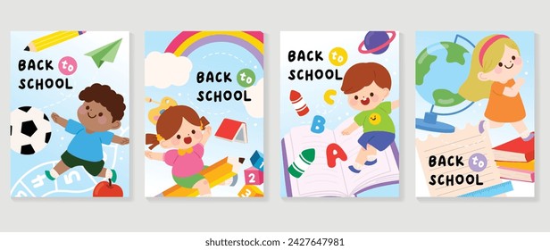 Back to school cover vector set. Background design with children and education accessories element. Kids hand drawn flat design for poster , wallpaper, website and cover template.