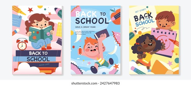 Back to school cover vector set. Background design with children and education accessories element. Kids hand drawn flat design for poster , wallpaper, website and cover template.