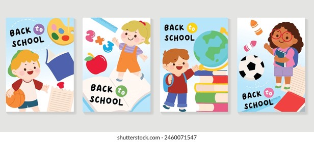 Back to school cover vector set. Background design with children and education accessories element. Kids hand drawn flat design for poster, wallpaper, website and cover template.