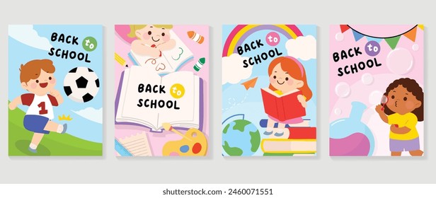 Back to school cover vector set. Background design with children and education accessories element. Kids hand drawn flat design for poster, wallpaper, website and cover template.