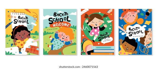 Back to school cover vector set. Background design with children and education accessories element. Kids hand drawn flat design for poster, wallpaper, website and cover template.