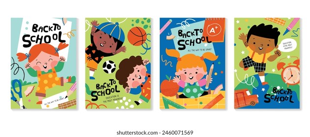 Back to school cover vector set. Background design with children and education accessories element. Kids hand drawn flat design for poster, wallpaper, website and cover template.