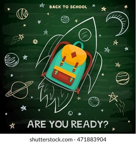 Back to school creative background. School backpack on rocket. 