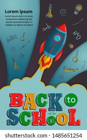 Back to School creative background with colorful text and rocket. School and scientific items. Template for banner, poster, flyer, card. Flat design and doodle. Vector illustration