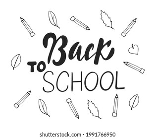 Back to school creative banner with pencils and leaves - sketch on the blackboard, vector illustration.