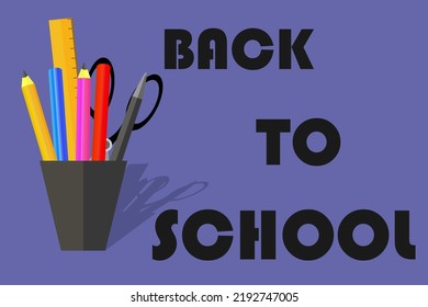 Back to school creative banner. with pencils - violet backgraund, vector illustration.Back to school in violet backgraund