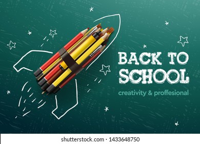 Back to school creative banner. Rocket ship launch with pencils - sketch on the blackboard, vector illustration.