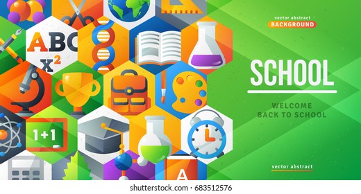 Back to school creative banner. Vector illustration. Flat icons in hexagons. Concept for web and promotional materials. Arts and Science, Education design