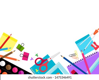 Back to school creative concept on  
white color table background frame design white. Cartoon funny office or school stationary tools on desk
