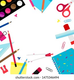 Back to school creative concept on  white color background frame design. Cartoon funny office or school stationary tools on desk
