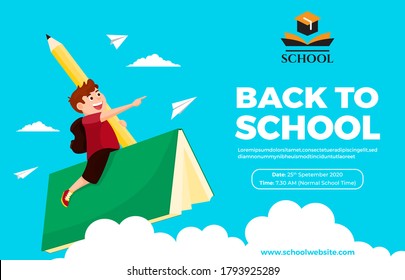 back to school creative design concept-happy child sitting on the book and flying-holding a pencil-light blue background-school opening date and time-contact details