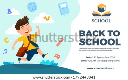 Back to school creative design concept-happy kid running-school bag-education elements-light blue and white color background-school logo-description-date and time-contact details