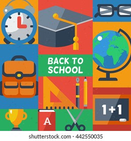 Back to school creative poster. Vector illustration. Flat design educational icons in squares. Education Concept.