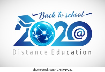 Back to school creative symbol. Class of 2020 sign, distance education logo concept. Blue numbers, square cap. Calligraphic text Welcome. White background. Isolated abstract graphic design template.