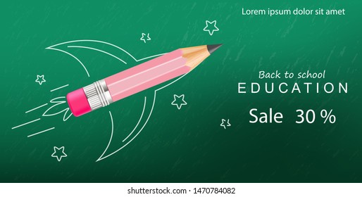 Back to school creative Vector realistic. Crayon rocket painted fantasy poster. Sale promotion banner