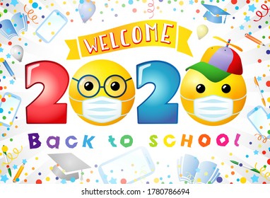 Back to school creative web banner. Class of 2020 sign, award concept. 3D colorful numbers, cartoon faces. Bright text You Are Welcome. Holiday background. Isolated abstract graphic design template.