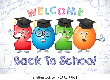 Back to school creative web banner. Class of 2020 sign, invitation concept. Cartoon 3D colorful numbers. Bright text You Are Welcome. Notebook background. Isolated abstract graphic design template.