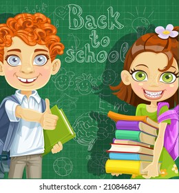 Back to school - curly-haired boy and cute girl  with books at the blackboard