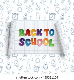 Back to school curved banner on squared paper with hand drawn school tools. Vector illustration.