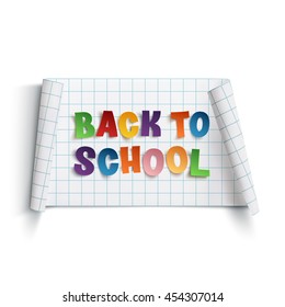 Back to school curved paper banner, isolated on white background. Vector illustration.