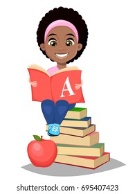 Back to school. Cute Afro-American girl holding primer and sitting on a stack of books. Pretty little schoolgirl. Cheerful cartoon character. Vector illustration