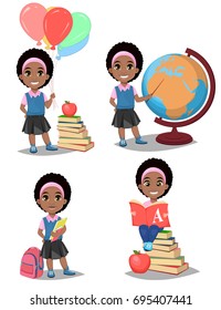 Back to school. Cute Afro-American girl is ready for studying. Pretty child. Set of four vector illustrations.