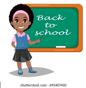 Back to school. Cute Afro-American girl standing near blackboard. Pretty little schoolgirl. Cheerful cartoon character. Vector illustration