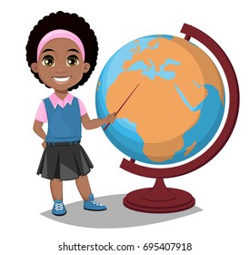 Back to school. Cute Afro-American girl points to the globe with a pointer. Pretty little schoolgirl. Cheerful cartoon character. Vector illustration