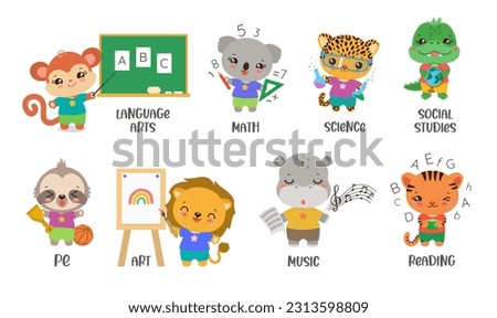 Back to school cute animal set. School subject icons kawaii safari animals. Fun studying elementary subjects. Cartoon clipart for educational projects like web or print.