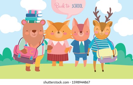 back to school cute animals with books and backpack education vector illustration